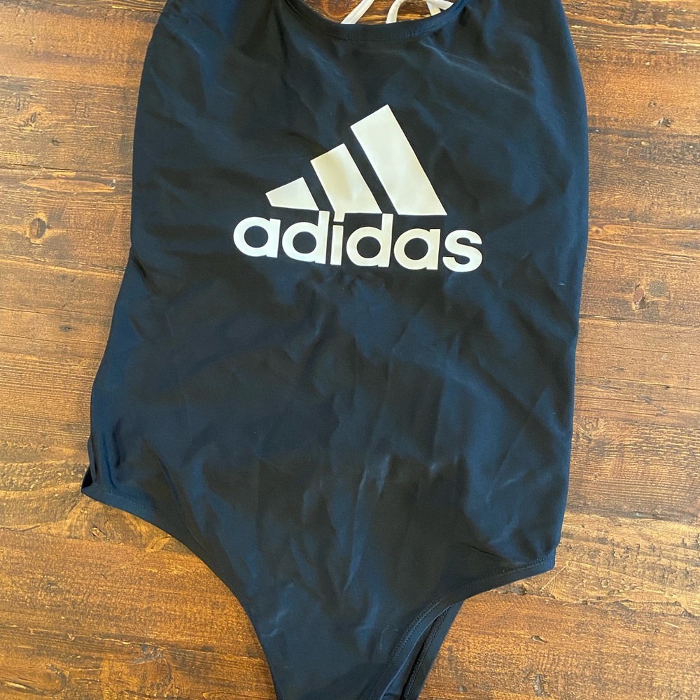 Adidas XL black logo one piece swimsuit nwot